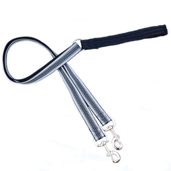 Reflective black training dog leash with adjustable clips and silver hardware by 2 Hounds Design