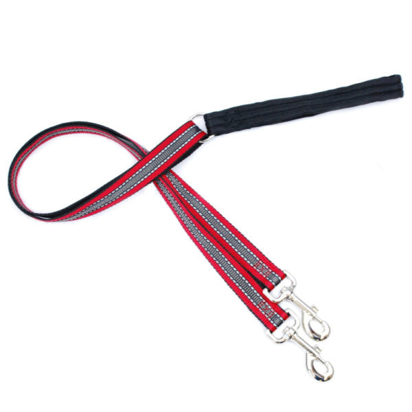 Reflective red training dog leash with adjustable clips and silver hardware by 2 Hounds Design