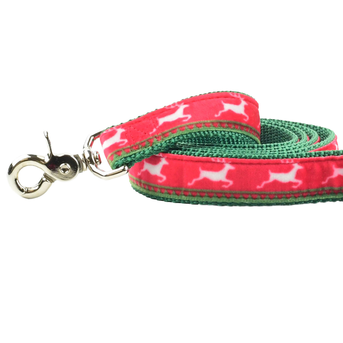 Close-up of reindeer print swiss velvet dog leash with durable silver clasp