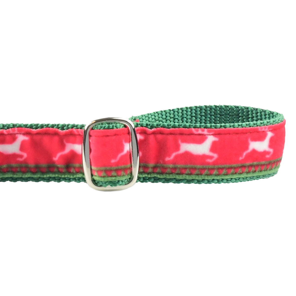 Close-up of the reindeer print swiss velvet dog leash with adjustable handle