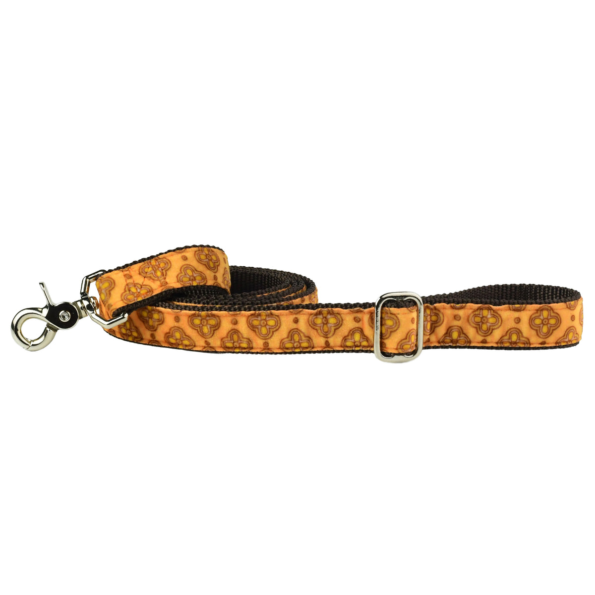 Full-length Rust Velvet Tile dog leash with soft rust-colored velvet fabric, geometric pattern, and reinforced handle