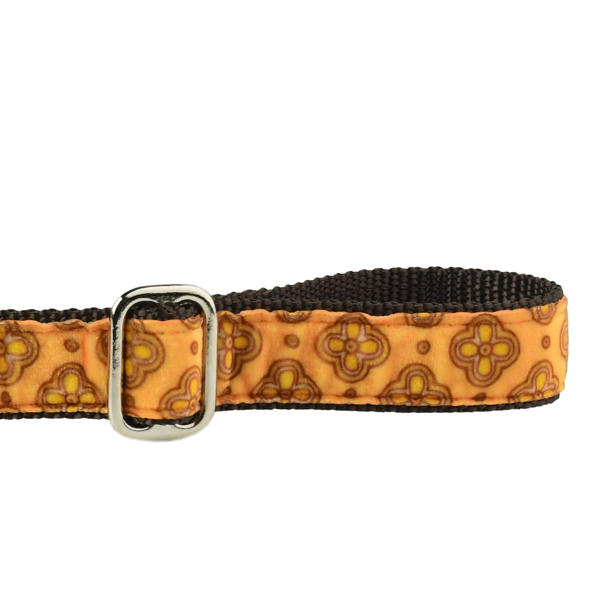 Close-up of Rust Velvet Tile dog leash with soft rust-colored velvet fabric, geometric pattern, and adjustable handle