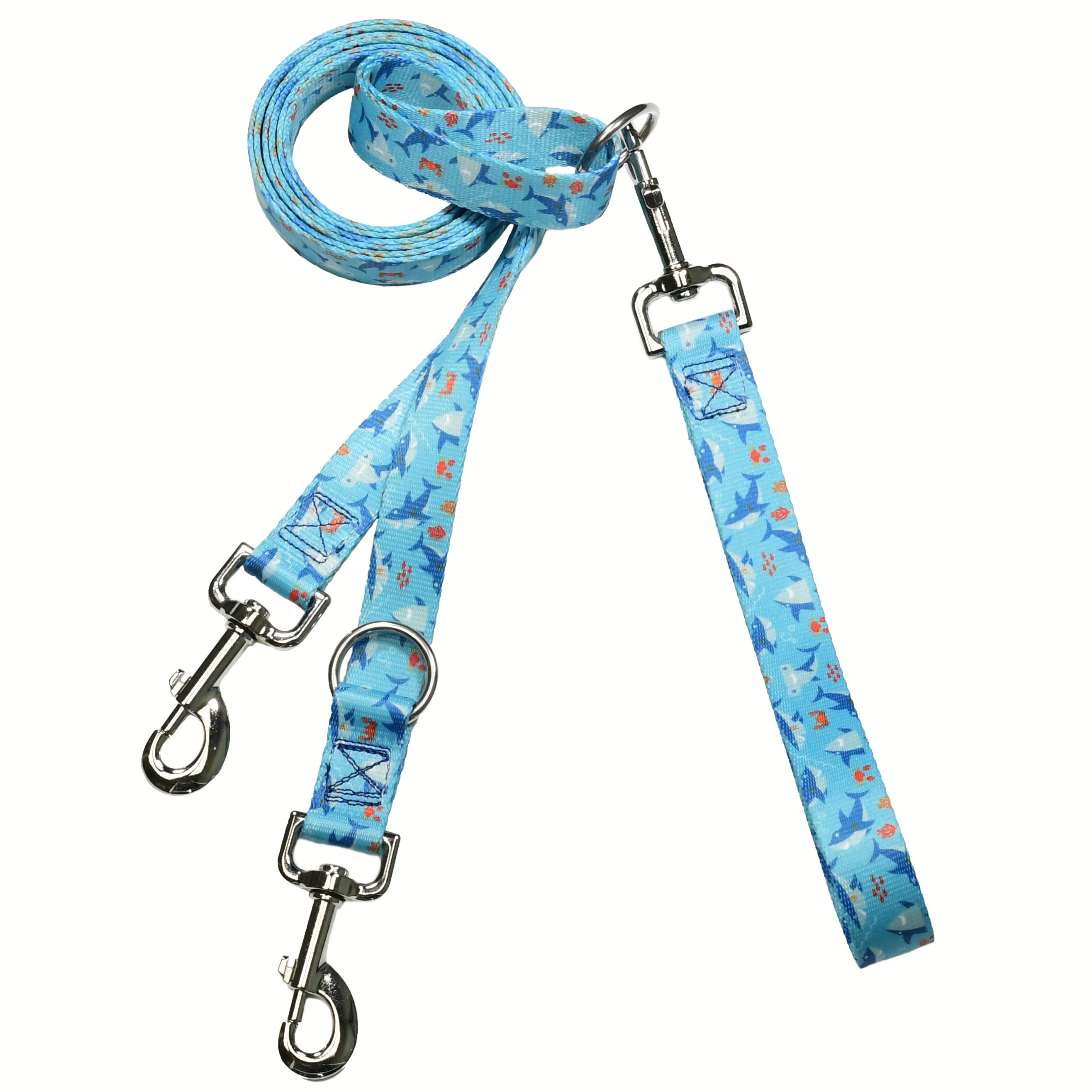Euro training dog leash with playful blue shark and ocean print on aqua background by 2 Hounds Design - Earthstyle