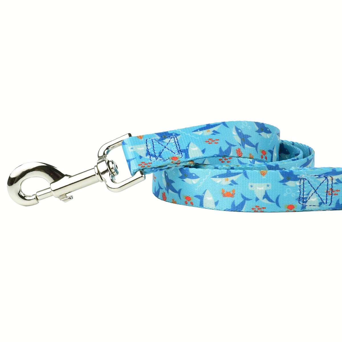 Close-up of a cute dog leash by 2 Hounds Design featuring a playful blue shark and ocean print - Earthstyle
