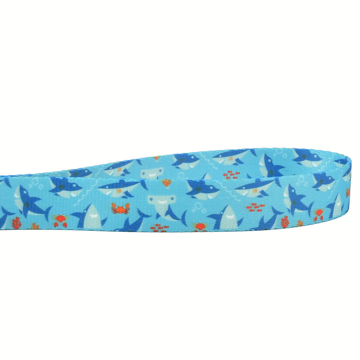 Close-up of a  playful blue shark dog leash handle with adjustable handle by 2 Hounds Design - Earthstyle