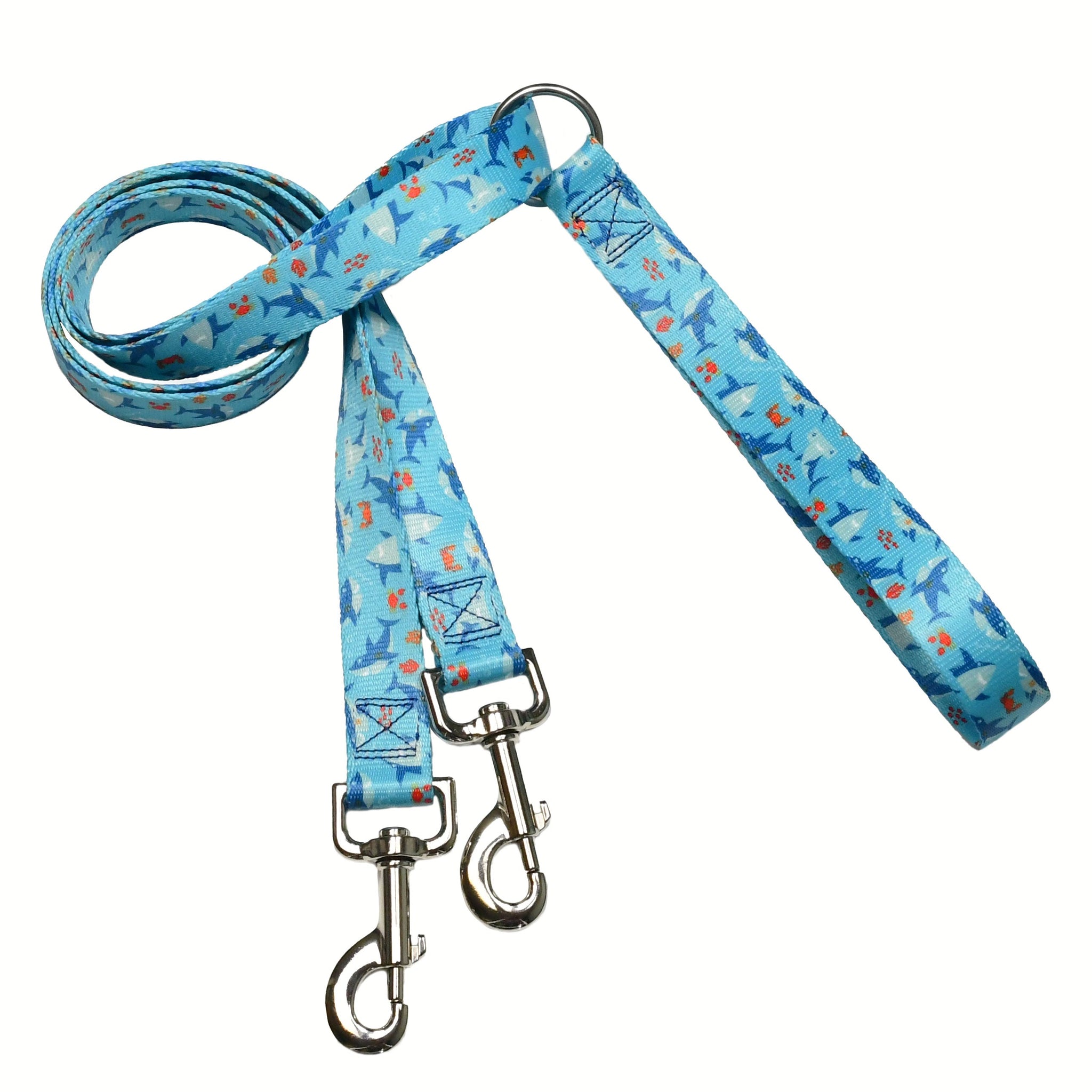 Training dog leash with playful blue shark and ocean print on aqua background by 2 Hounds Design - Earthstyle