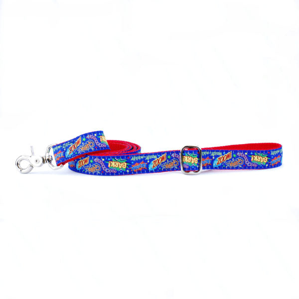 Comic book style dog leash with red webbing and blue ribbon featuring 'Bark!' and 'Zoom!' text by 2 Hounds Design