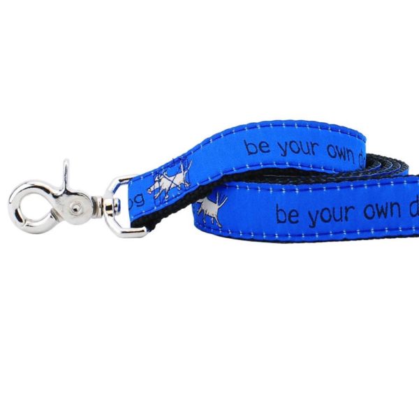 Close-up of blue 'be your own dog' motivational dog leash by 2 Hounds Design with silver hardware