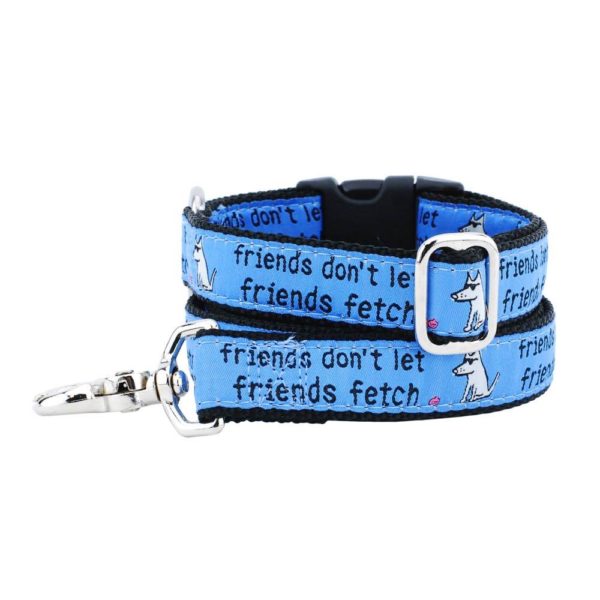 Matching light blue 'friends don’t let friends fetch' dog leash and collar by 2 Hounds Design with playful dog print