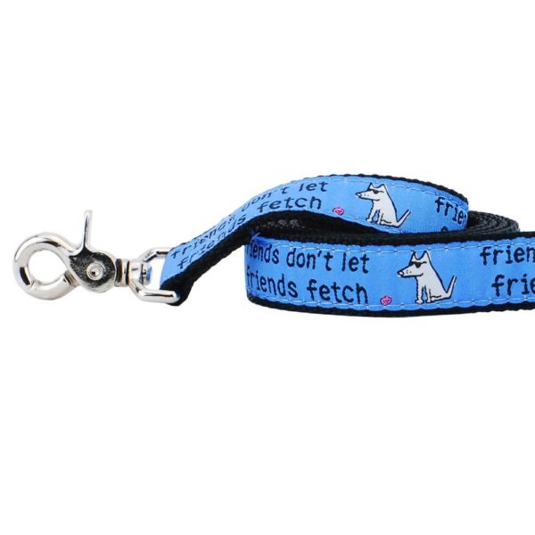Closeu-up of light blue 'friends don’t let friends fetch' dog leash by 2 Hounds Design with playful dog print