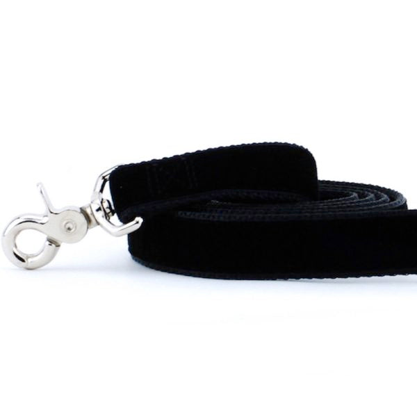 Close-up of  black velvet dog leash with silver hardware by 2 Hounds Design