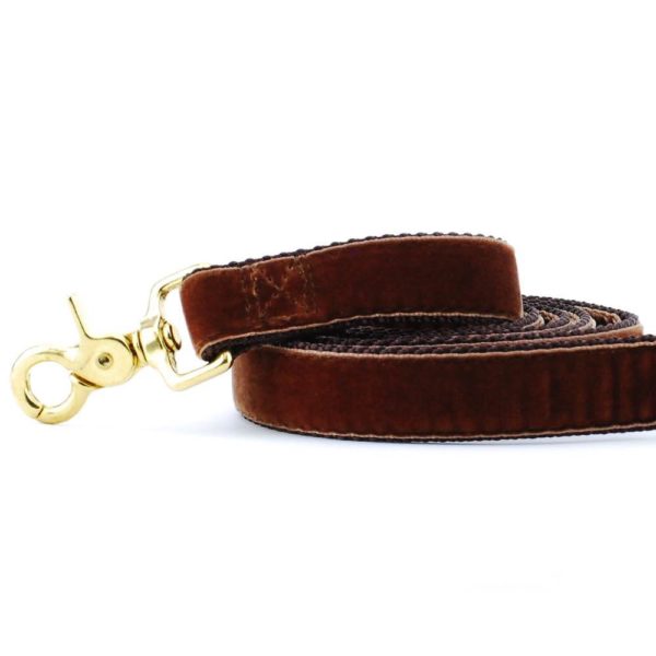 Close-up of  brown velvet dog leash with gold hardware by 2 Hounds Design