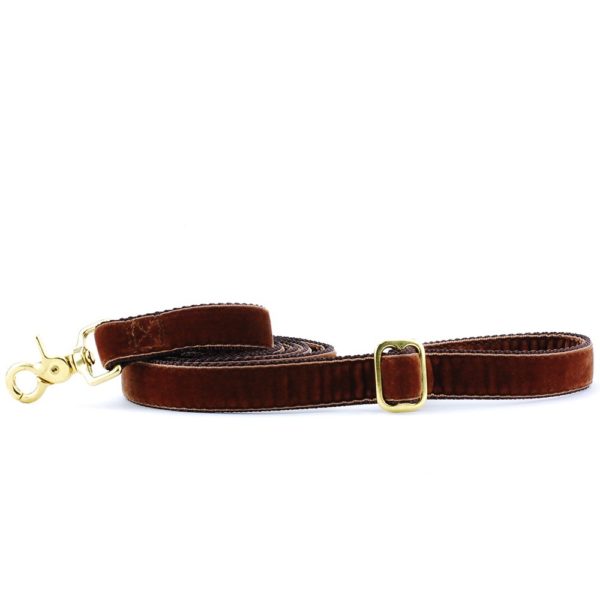 Luxurious brown velvet dog leash with gold hardware and adjustable buckle, by 2 Hounds Design