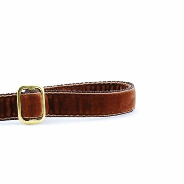 Close-up of brown velvet dog leash handle with adjustable feature by 2 Hounds Design
