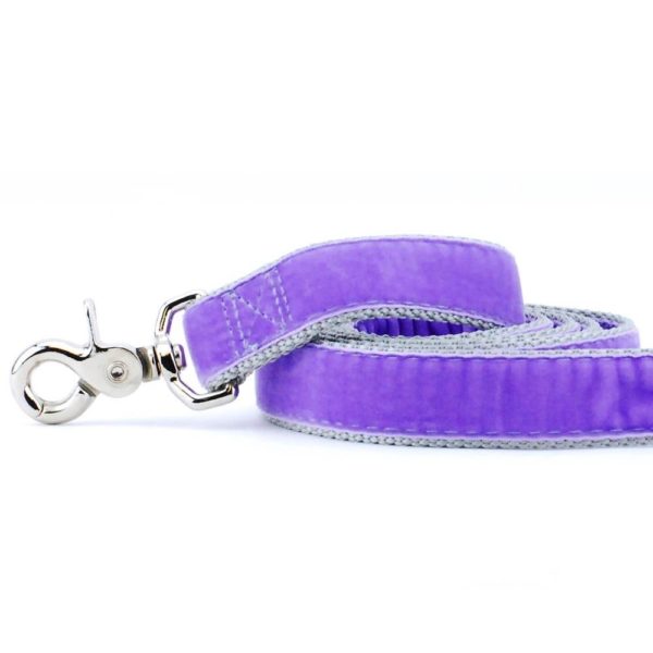 Close-up of  lavender velvet dog leash with silver hardware by 2 Hounds Design