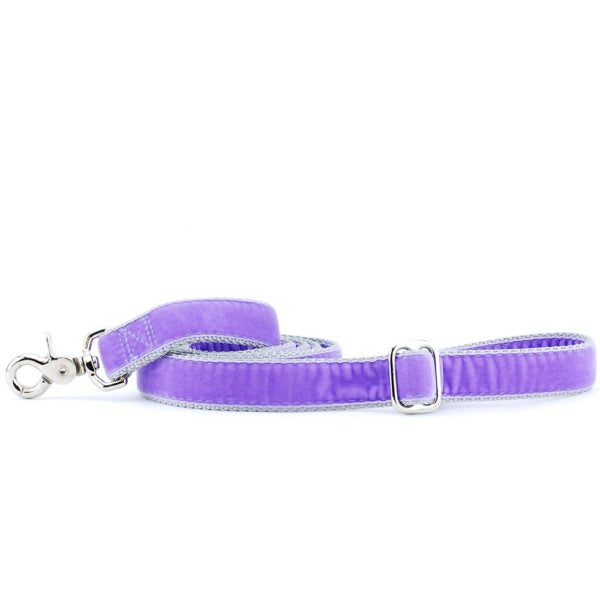 Soft lavender velvet dog leash with silver hardware and adjustable buckle by 2 Hounds Design