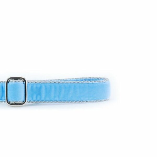 Close-up of light blue velvet dog leash handle with adjustable feature by 2 Hounds Design