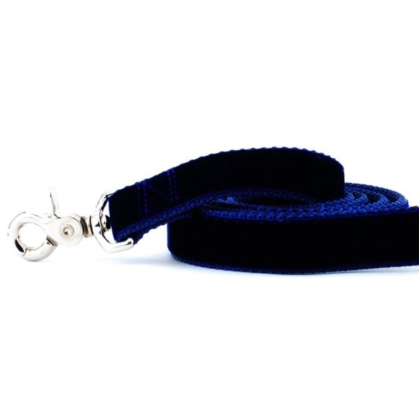 Close-up of  navy blue velvet dog leash with silver hardware by 2 Hounds Design