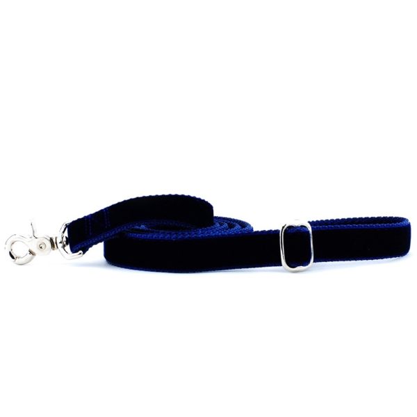 Navy blue velvet dog leash with silver hardware and adjustable buckle by 2 Hounds Design