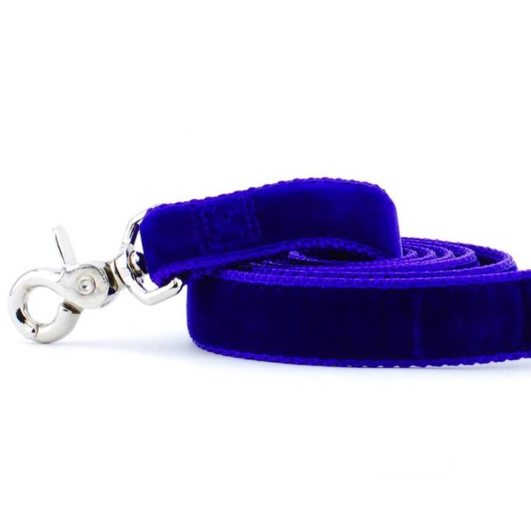 Close-up of purple swiss velvet dog leash with silver metal clasp, soft texture, and elegant design by 2 Hounds Design