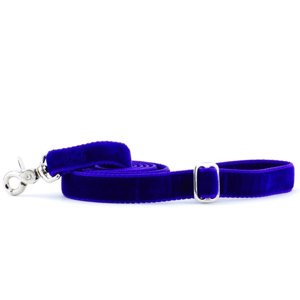 Full-length Purple Velvet dog leash with soft swiss velvet fabric, silver metal clasp, and elegant design by 2 Hounds Design
