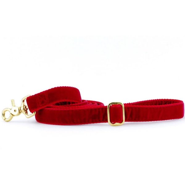 Red velvet dog leash with gold hardware and adjustable buckle by 2 Hounds Design