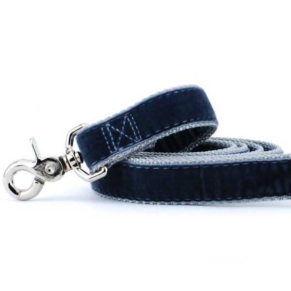 Close-up of smoke gray velvet dog leash with silver hardware by 2 Hounds Design