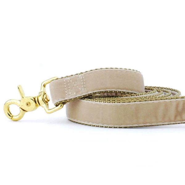 Close-up of  tan velvet dog leash with gold hardware by 2 Hounds Design
