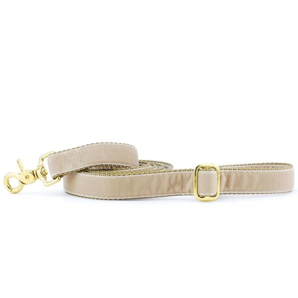 Tan velvet dog leash with gold hardware and adjustable buckle by 2 Hounds Design