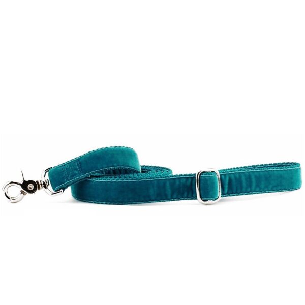 Teal velvet dog leash with silver hardware and adjustable buckle by 2 Hounds Design