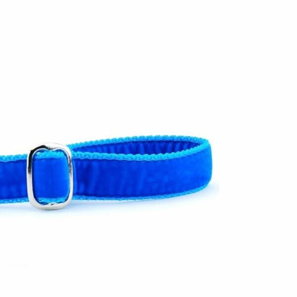 Close-up of Venetian blue velvet dog leash handle with adjustable feature by 2 Hounds Design