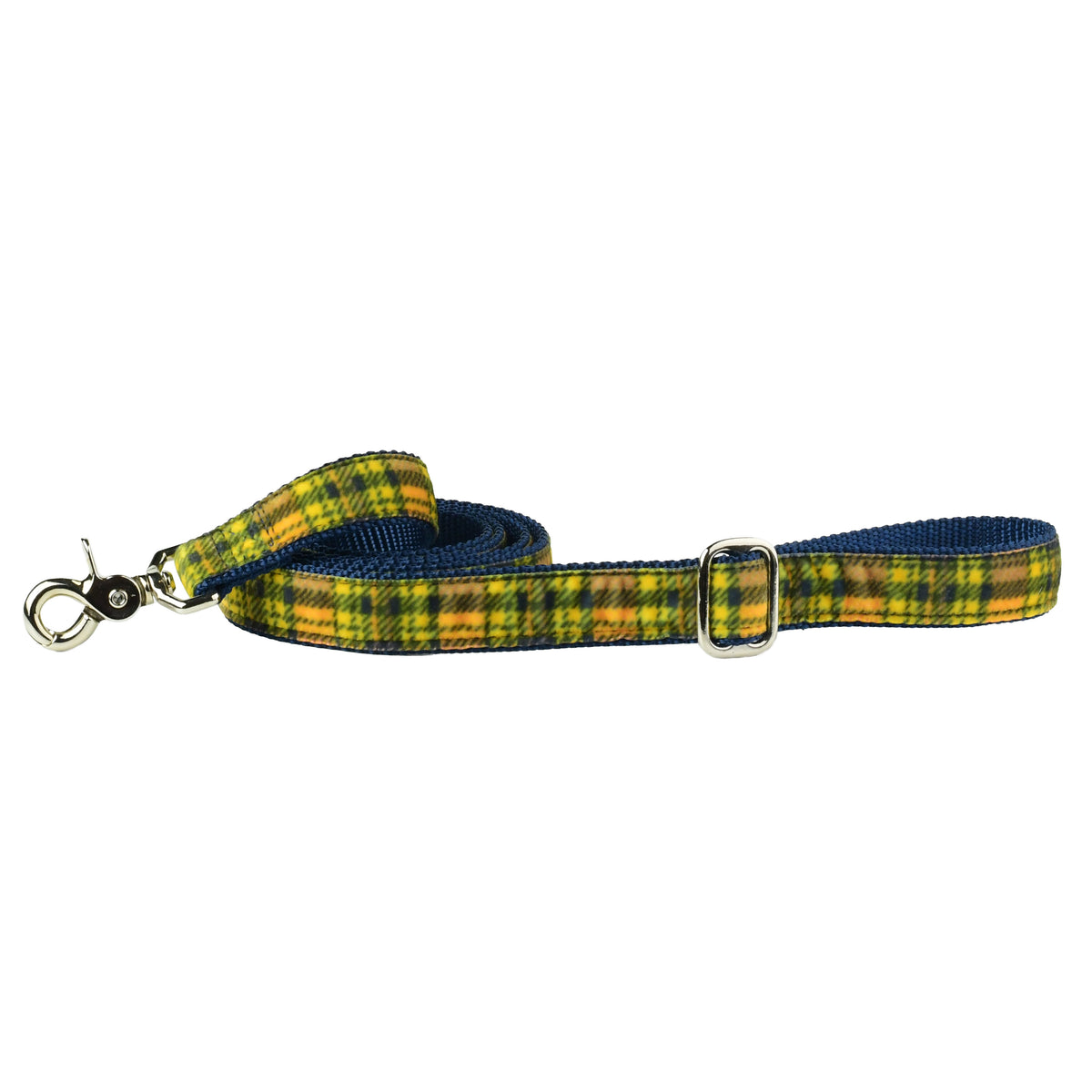 Full-length Yellow Plaid dog leash with yellow, gray, and white tartan pattern, metal clasp, and ajustable handle