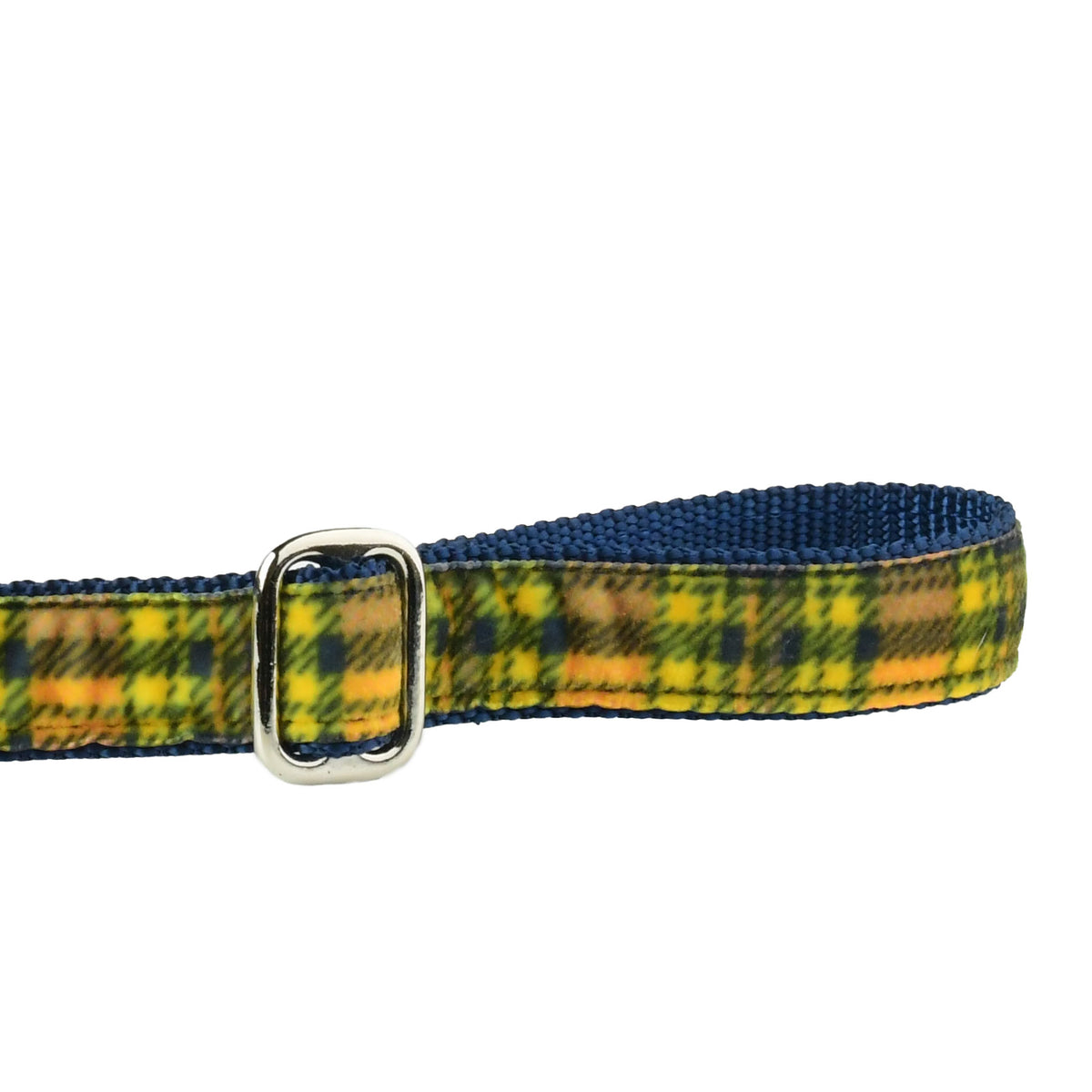 Close-up of Yellow Plaid dog leash with yellow, gray, and white tartan pattern, and adjustable handle
