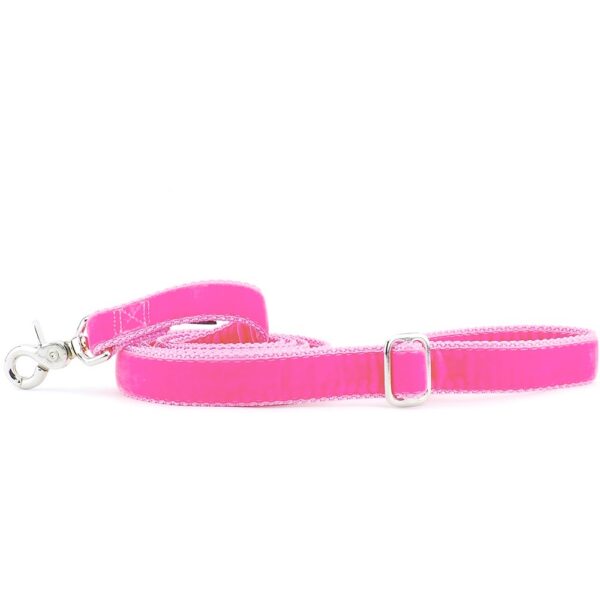 Shocking pink velvet dog leash with silver hardware and adjustable buckle by 2 Hounds Design