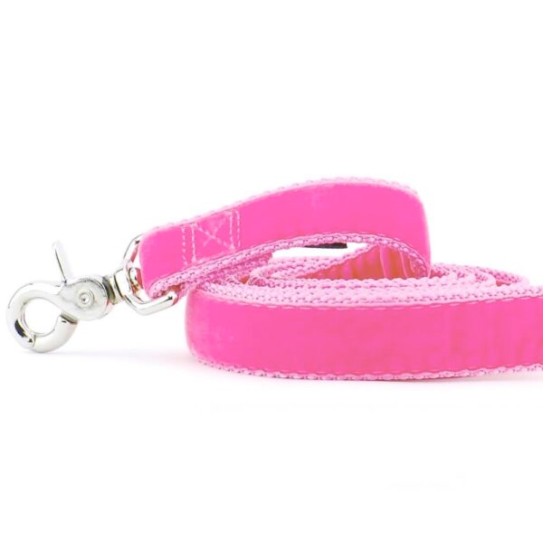 Close-up of  shocking pink velvet dog leash with silver hardware by 2 Hounds Design