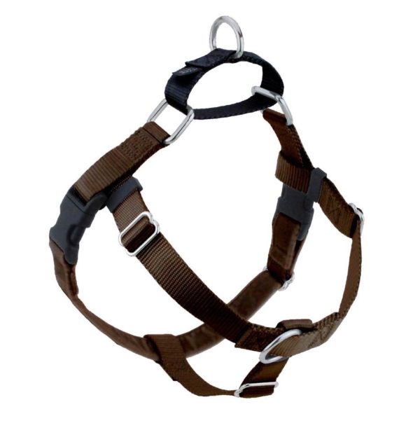 Brown no-pull freedom dog harness with double leash attachment points by 2 Hounds Design