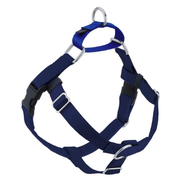 Navy blue no-pull freedom dog harness with double leash attachment points by 2 Hounds Design
