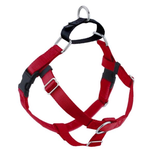Red no-pull freedom dog harness with double leash attachment points by 2 Hounds Design