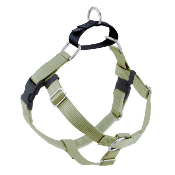 Tan no-pull freedom dog harness with double leash attachment points by 2 Hounds Design